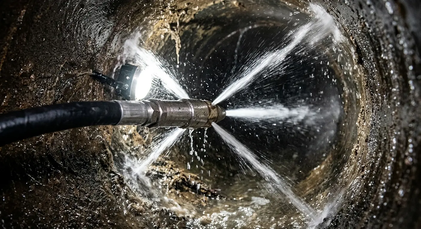 High-pressure hydro jetting nozzle cleaning sewer pipe for Emergency Drain Service in Lake Murray of Richland