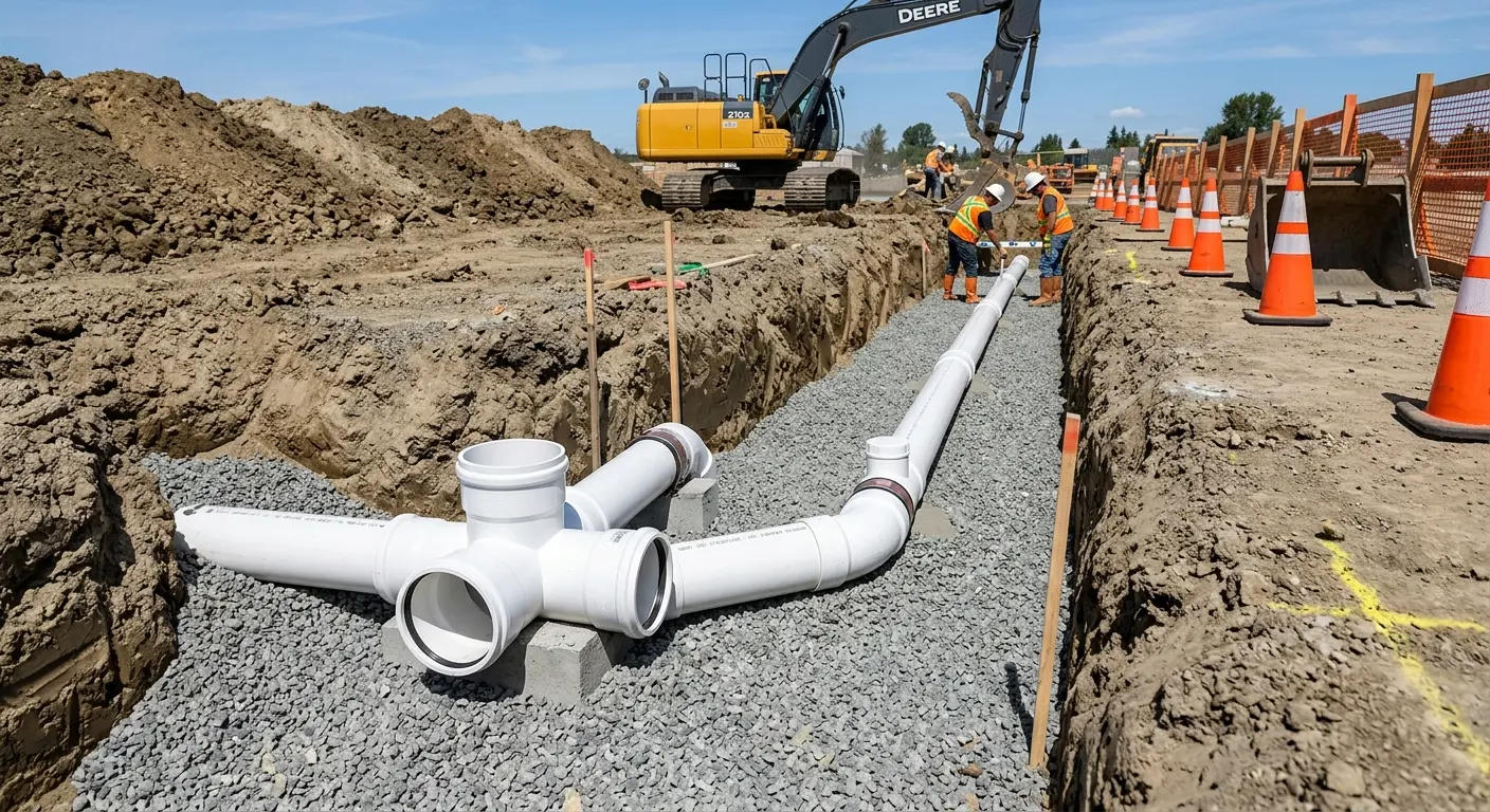 New PVC sewer pipe installation in open trench for Sewer Backup in Lake Murray of Richland
