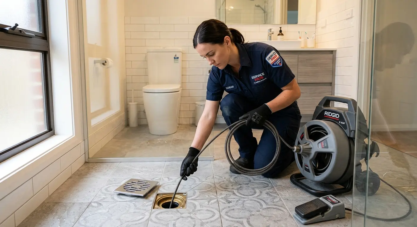 Technician clearing a bathroom floor drain for Sewer Line Replacement in Lake Murray of Richland